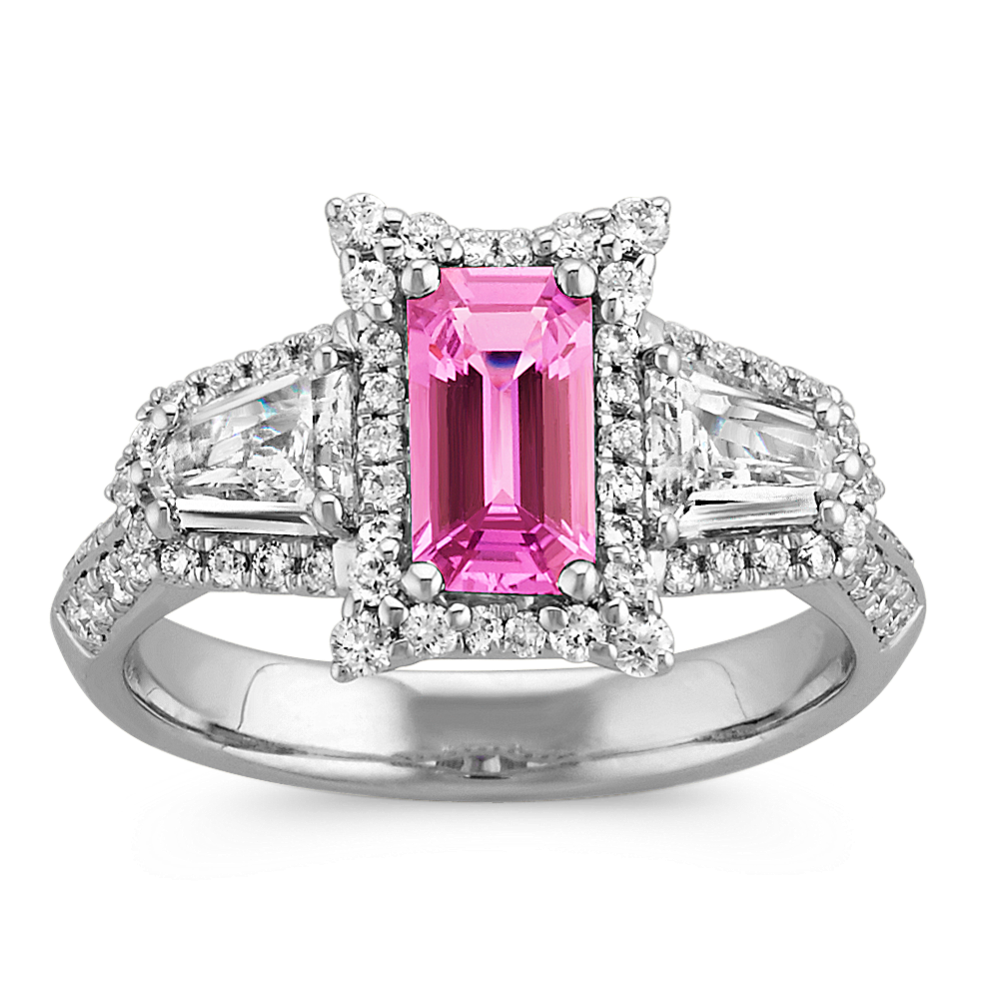 Emerald Cut Raspberry Sapphire, Shield-Shaped and Round Diamond Ring