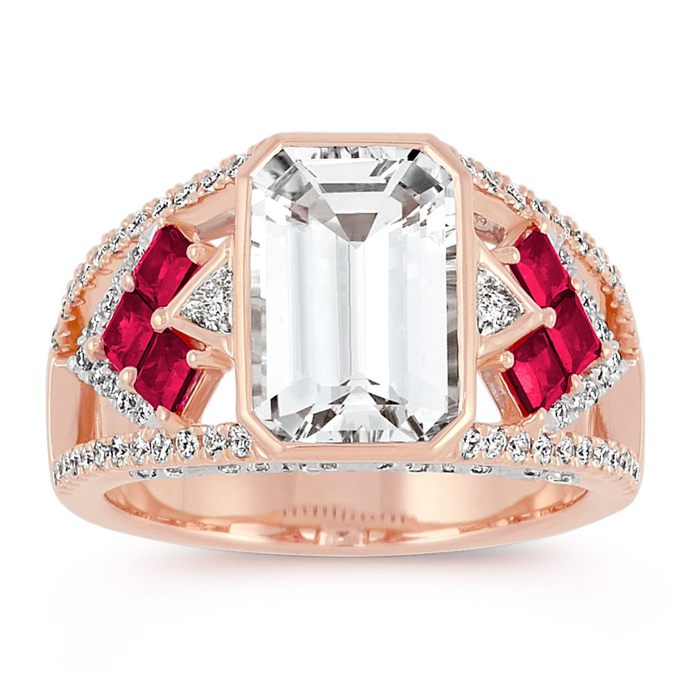 Emerald Cut White Sapphire, Princess Cut Ruby and Trillion Diamond Ring