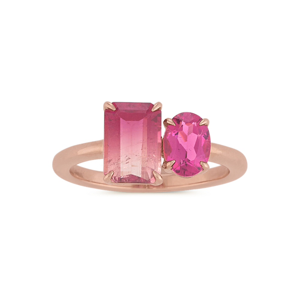 Emerald Cut and Oval Natural Rose Tourmaline Ring