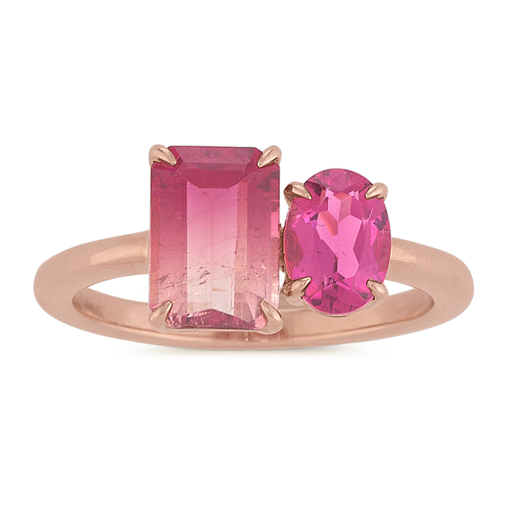 Emerald Cut and Oval Rose Tourmaline Ring