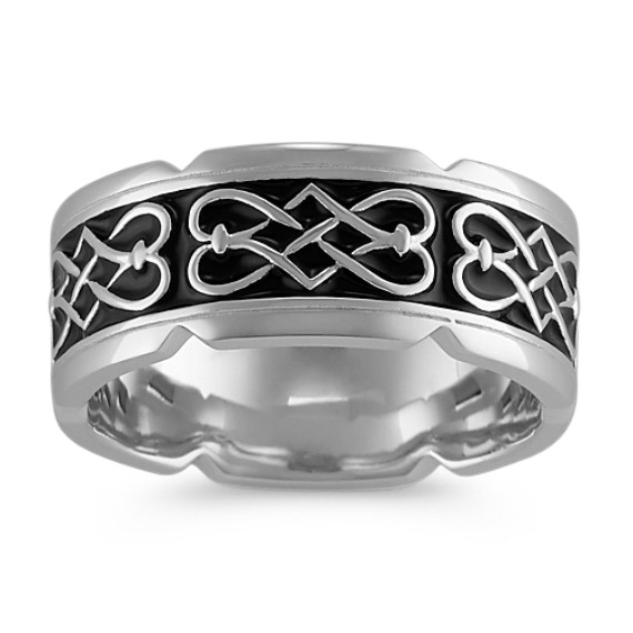 Engraved 14k White Gold Ring with Celtic Design and Black Enamel (9.5mm)