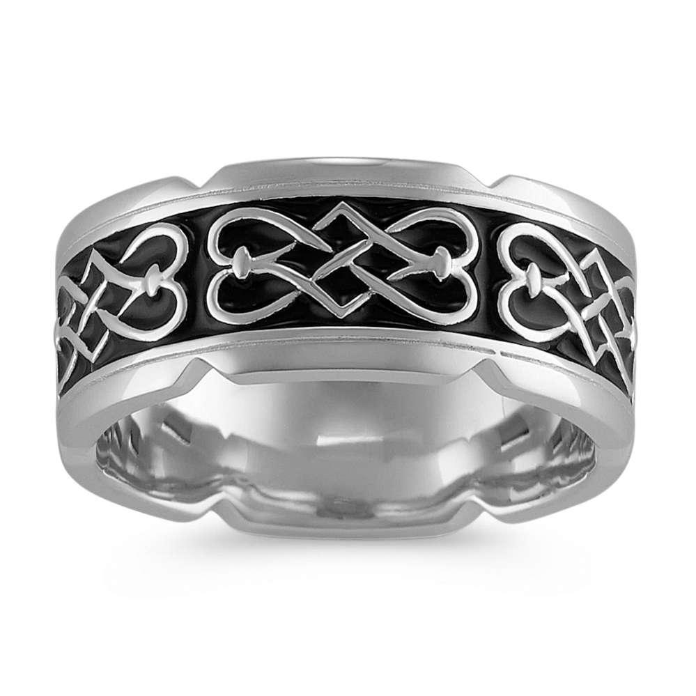Engraved 14k White Gold Ring with Celtic Design and Black Enamel (9.5mm)