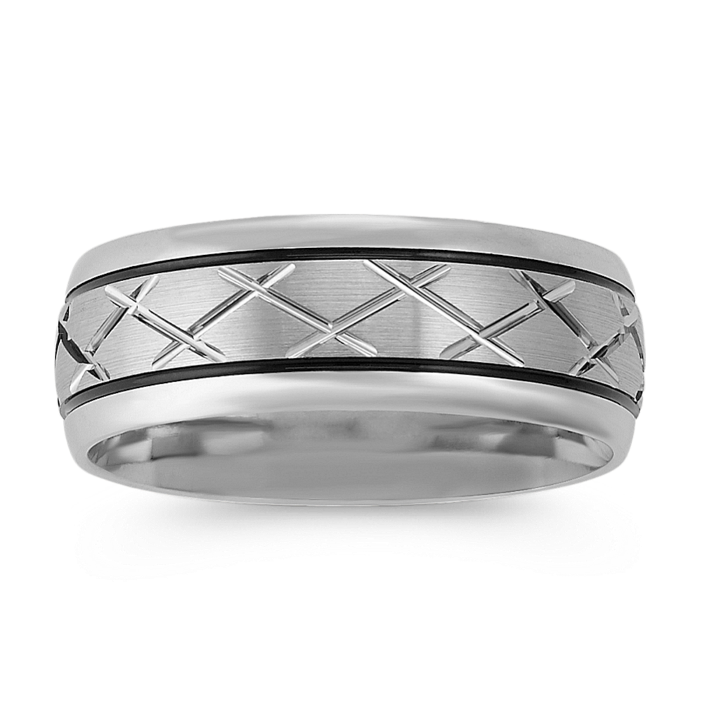 Engraved Crisscross Wedding Band with Black Rhodium Accent (8mm)