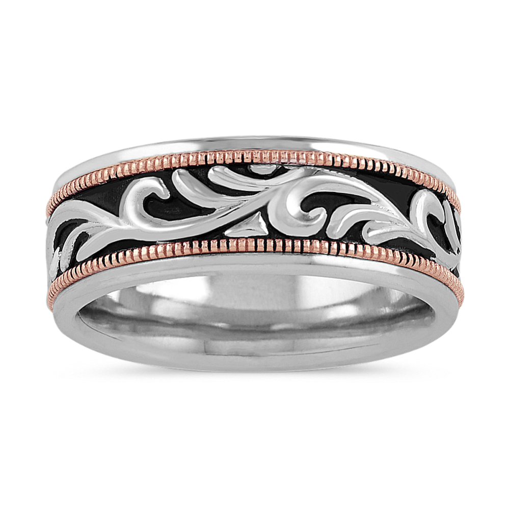Engraved Mens Band in 14k White and Rose Gold (8mm)