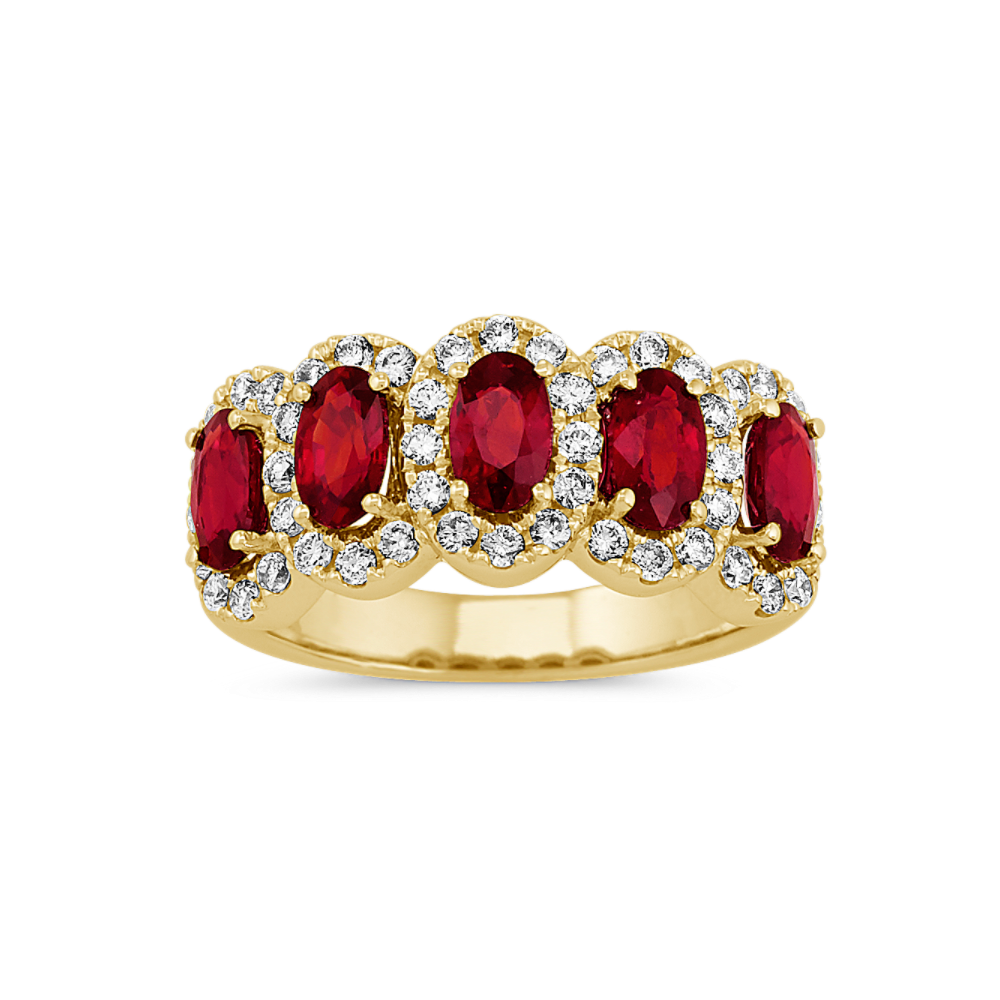Overture Five-Stone Oval Natural Ruby and Natural Diamond Ring in 14K Yellow Gold