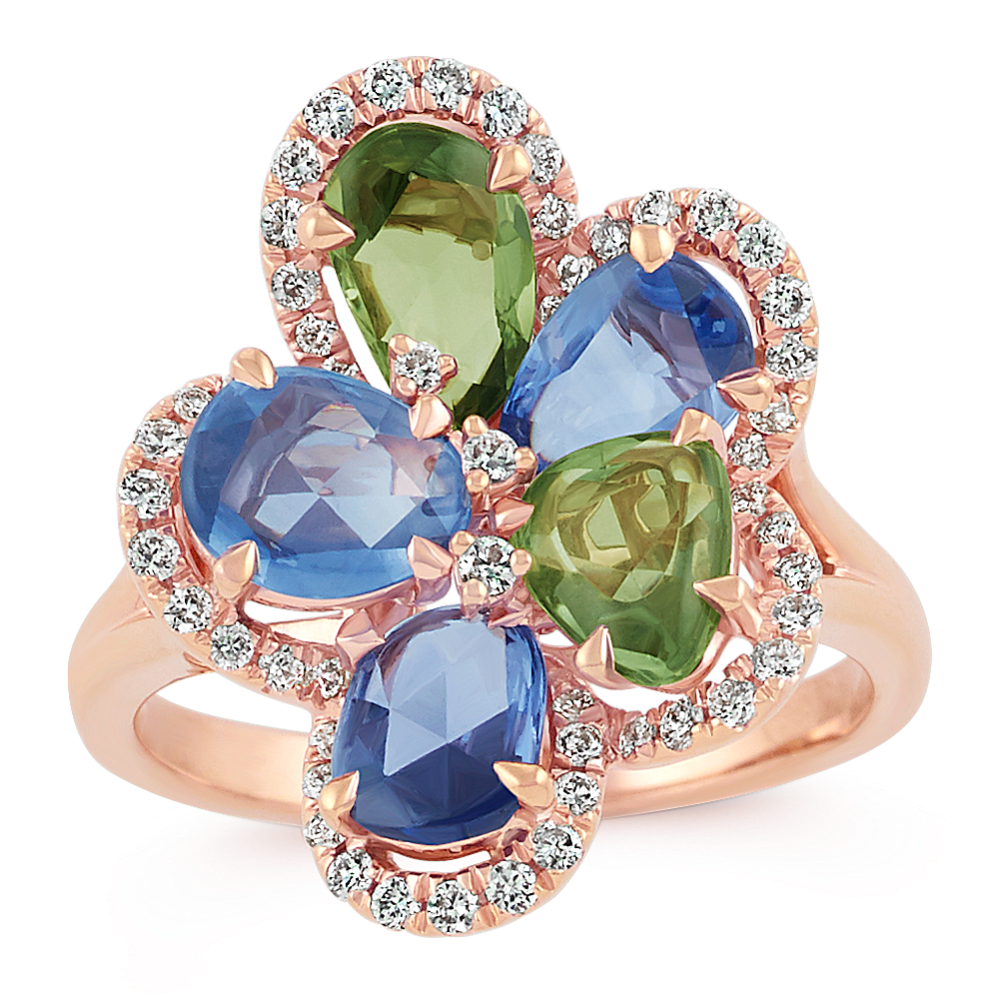 Freeform Fancy Sapphire and Round Diamond Ring in 14k Rose Gold