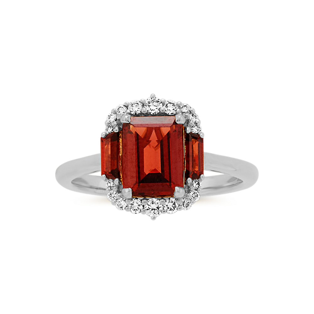 Monaco Natural Garnet and Natural Diamond Ring in 14K White Gold