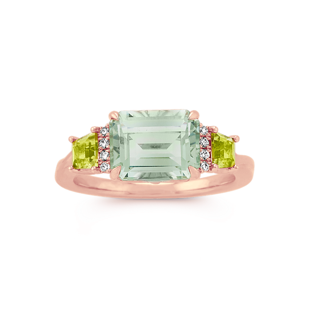 Green Natural Quartz, Natural Peridot and Natural Diamond Ring