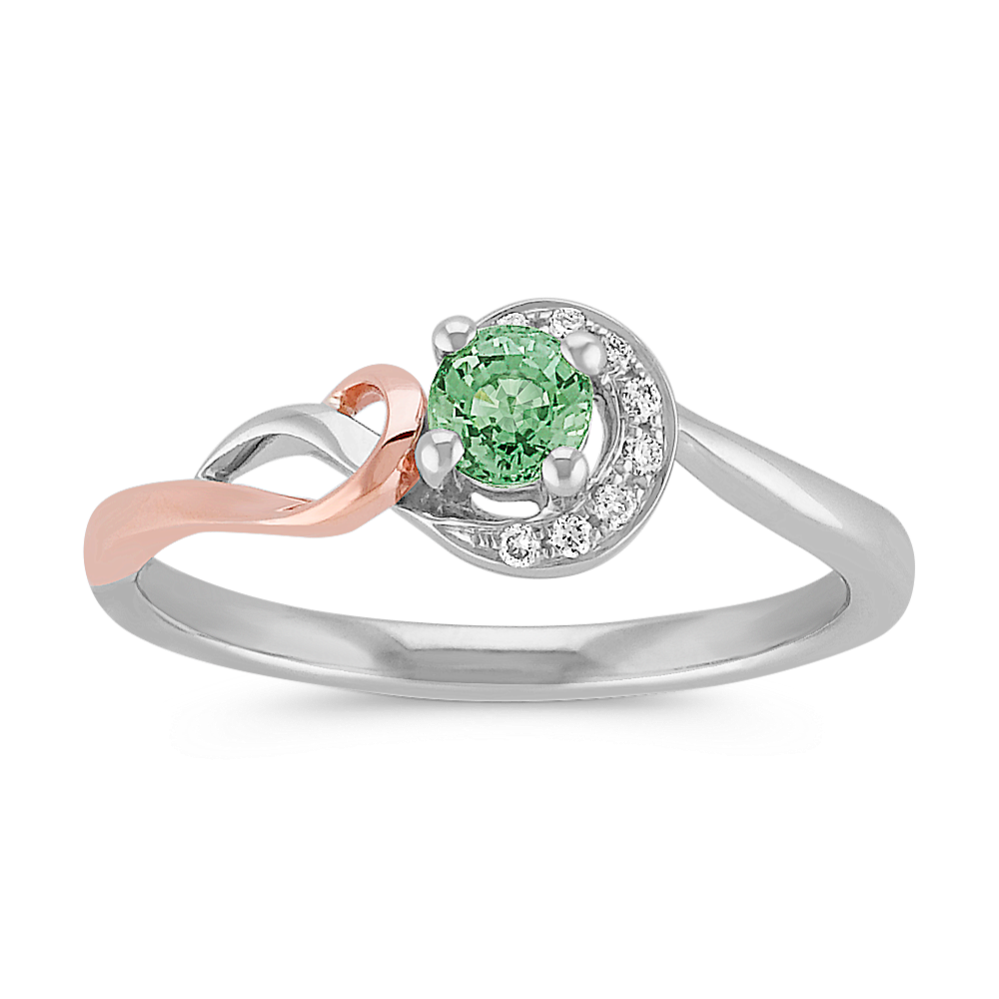 Green Sapphire and Diamond Spiral Ring in Sterling Silver and 14k Rose Gold