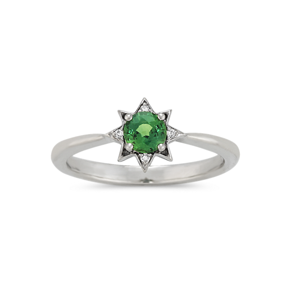 Green Sapphire and Diamond Star Ring in Sterling Silver