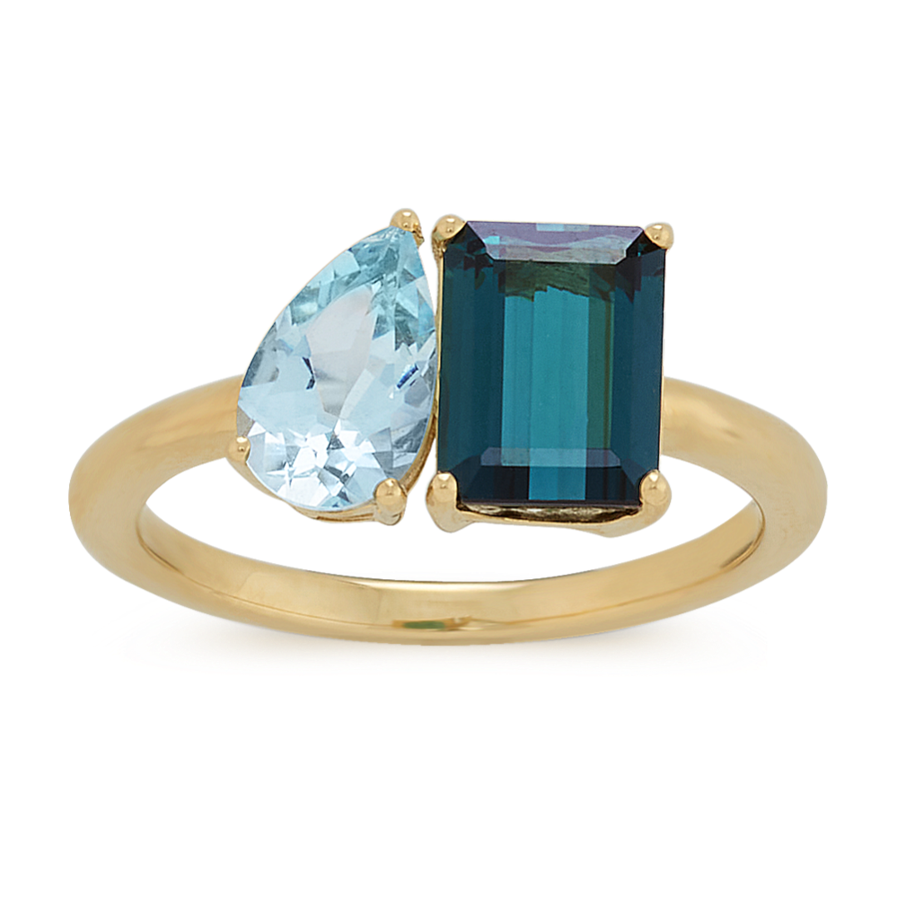 Green Tourmaline and Aquamarine Ring in 14K Yellow Gold