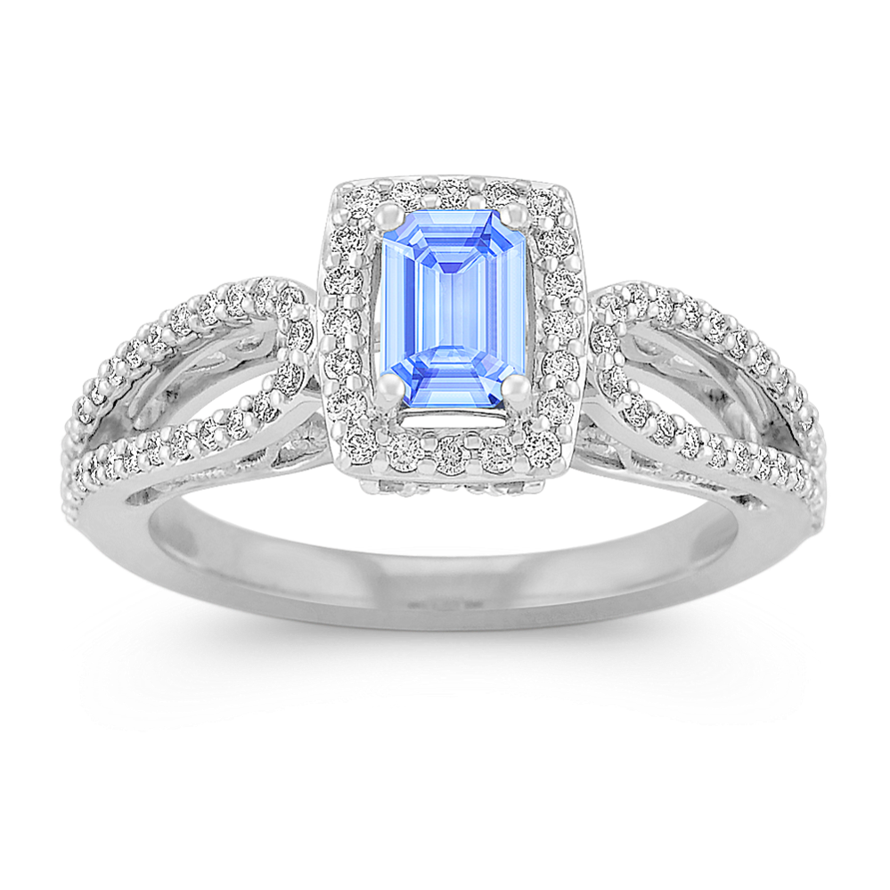 Halo Emerald Cut Ice Blue Sapphire and Diamond Ring