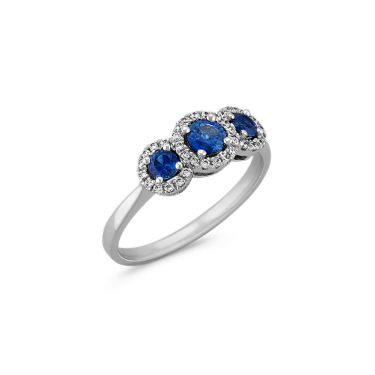 Halo Natural Sapphire Three Stone Ring