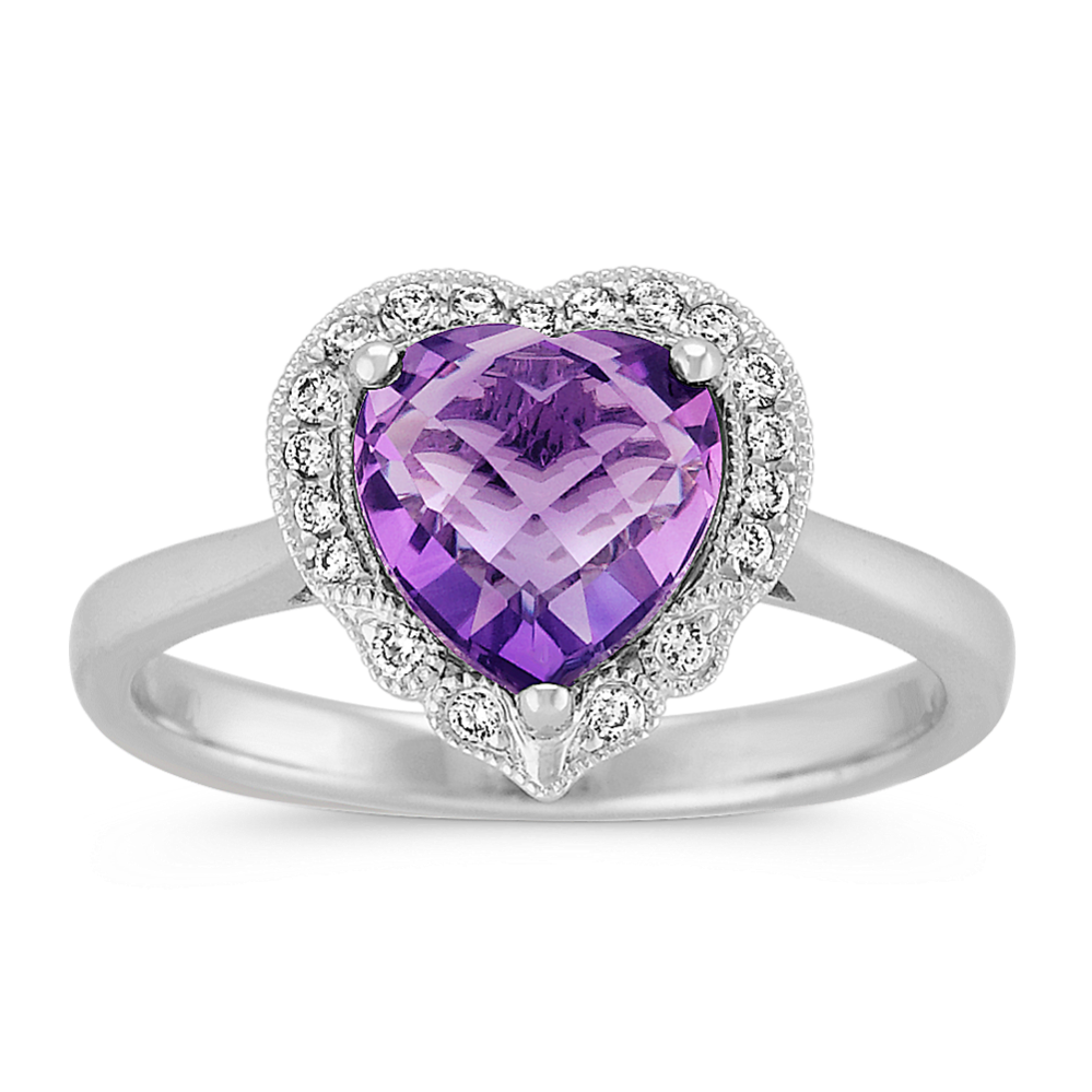 Heart-Shaped Amethyst and Round Diamond Heart Ring in Sterling Silver