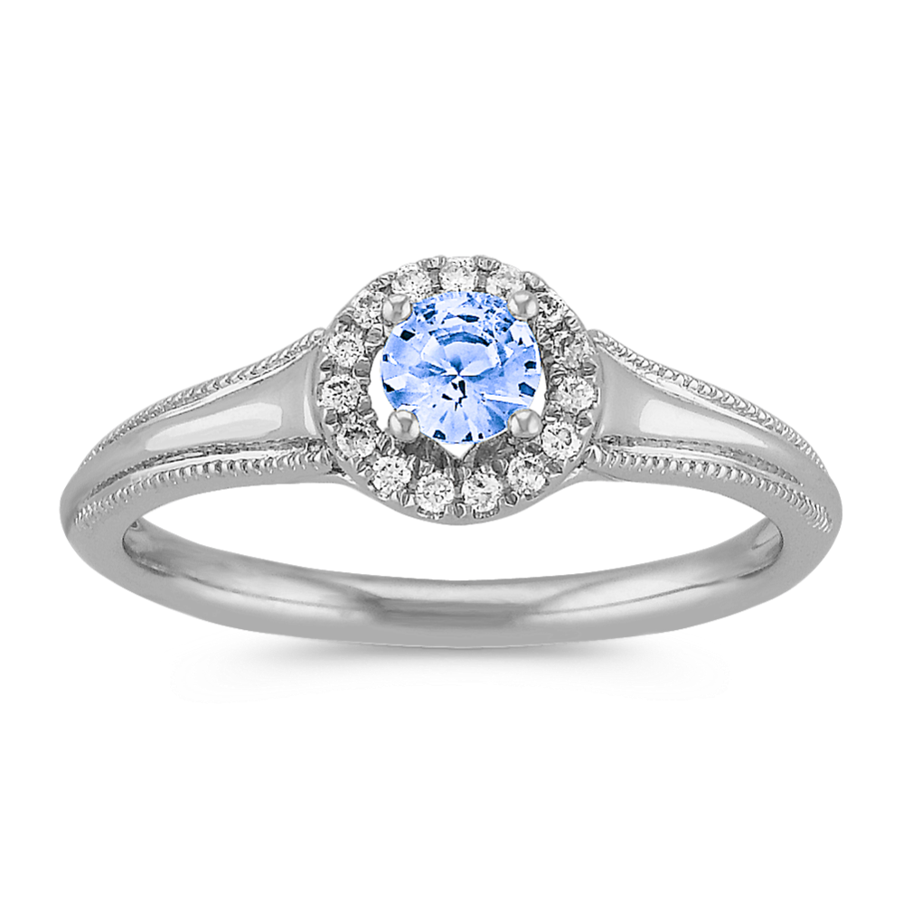 Ice Blue Sapphire and Diamond Halo Fashion Ring in Sterling Silver