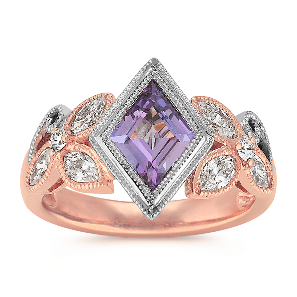 Kite Shaped Lavender Sapphire, Marquise and Round Diamond Ring in 14k Two-Tone Gold