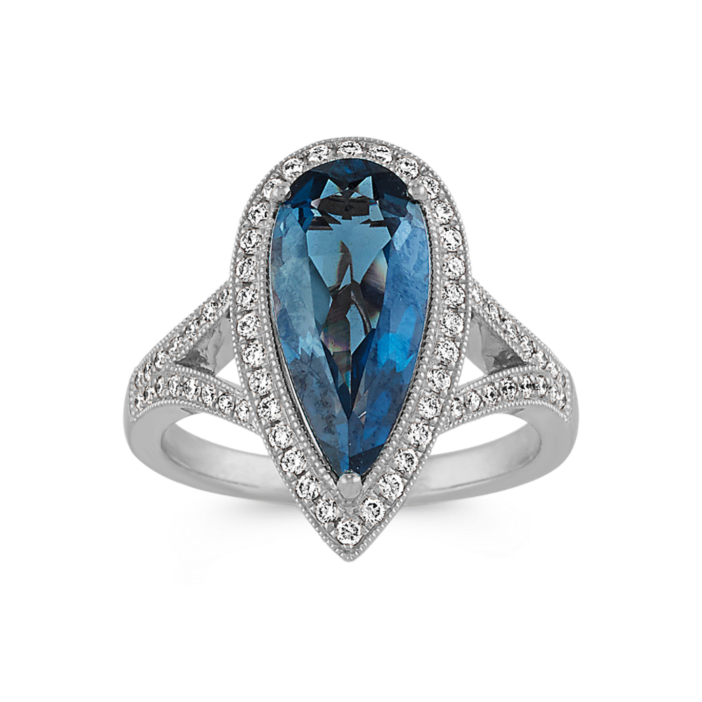 Violetta London Blue Topaz and Diamond Cocktail Ring in 14K White Gold