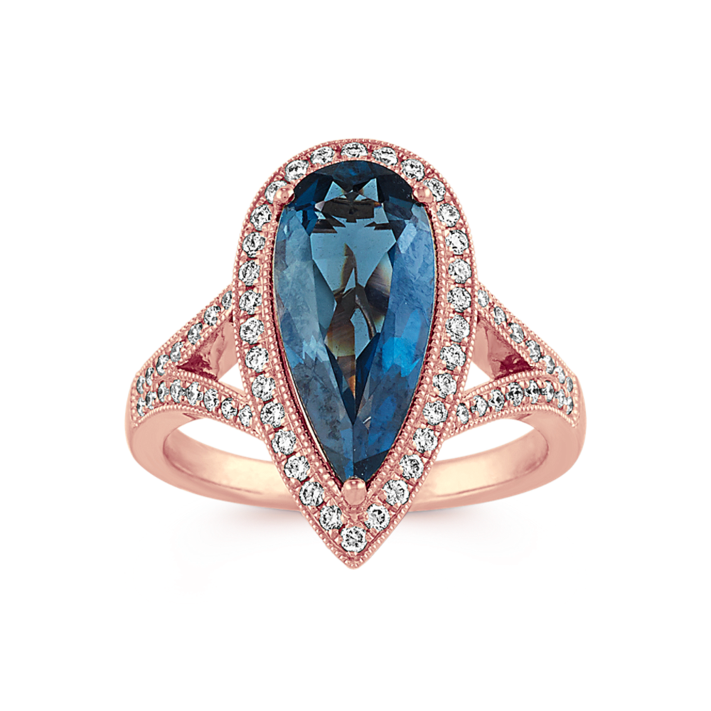 Violetta Natural London Blue Topaz and Natural Diamond Cocktail Ring in 14K Rose Gold