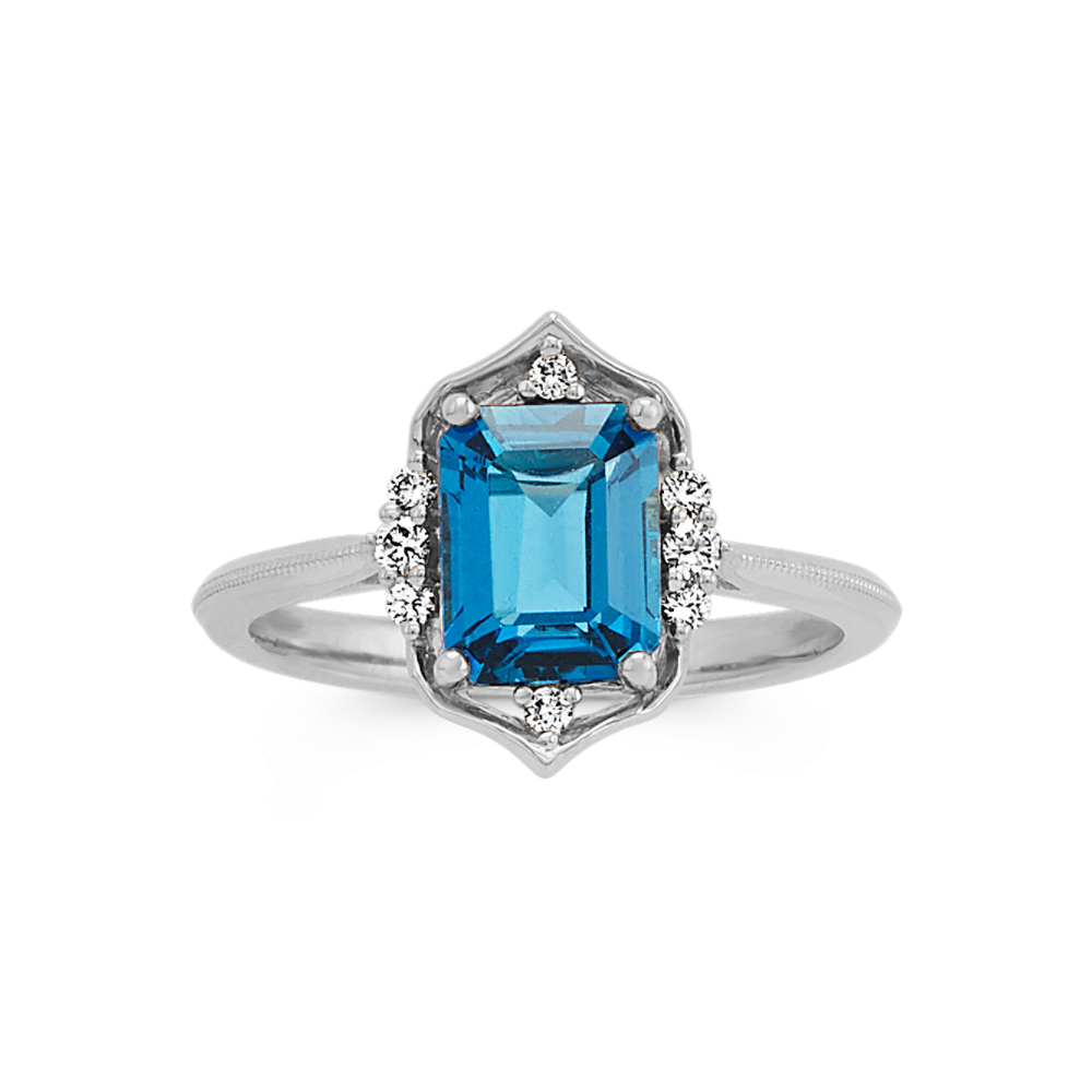 Poet Natural London Blue Topaz and Natural Diamond Ring in 14K White Gold