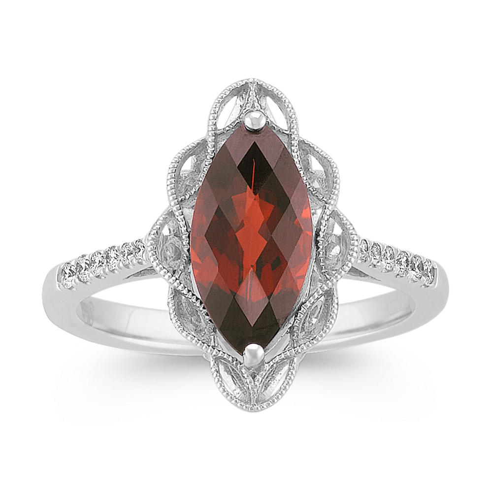 Marquise Garnet and Round Diamond Ring in Sterling Silver