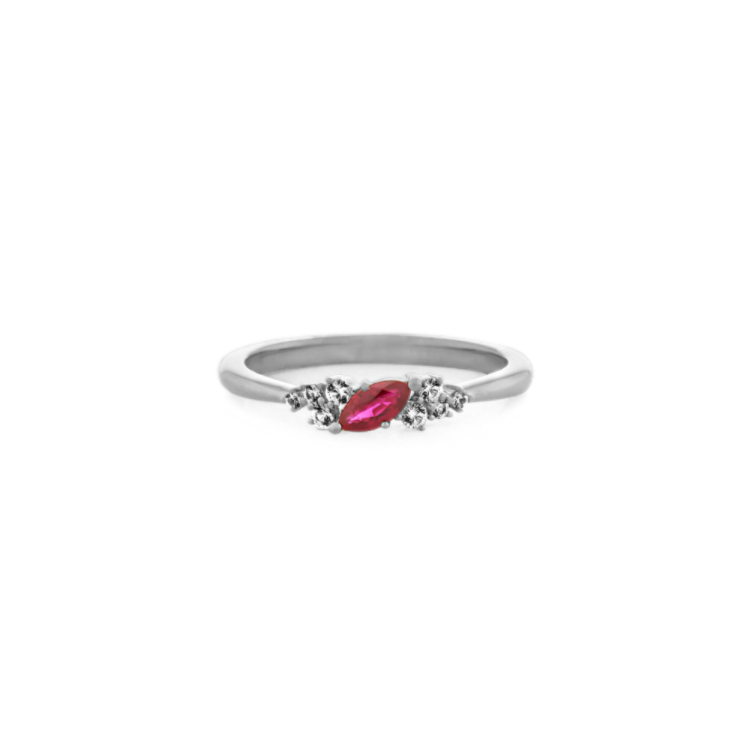 Marquise Natural Ruby and Round White Natural Sapphire Ring in 14K White Gold