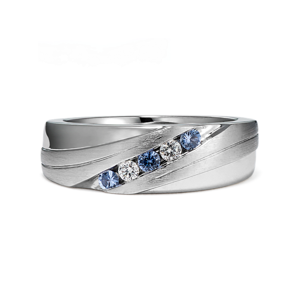 Mens Round Natural Diamond and Natural Ice Blue Sapphire Ring with Channel Setting (8mm)
