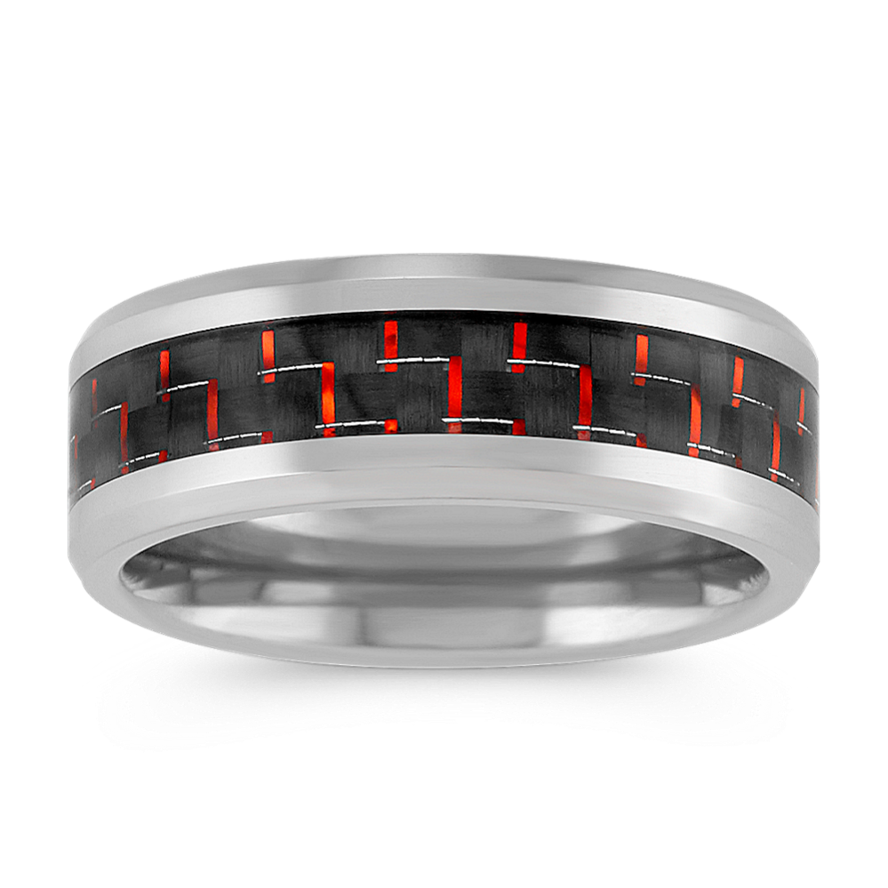 Mens Wedding Band in Titanium with Red Carbon Fiber Accent (8mm)