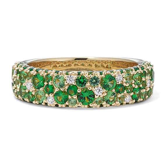 Mosaic Green Tsavorite and Diamond Ring in 14k Yellow Gold