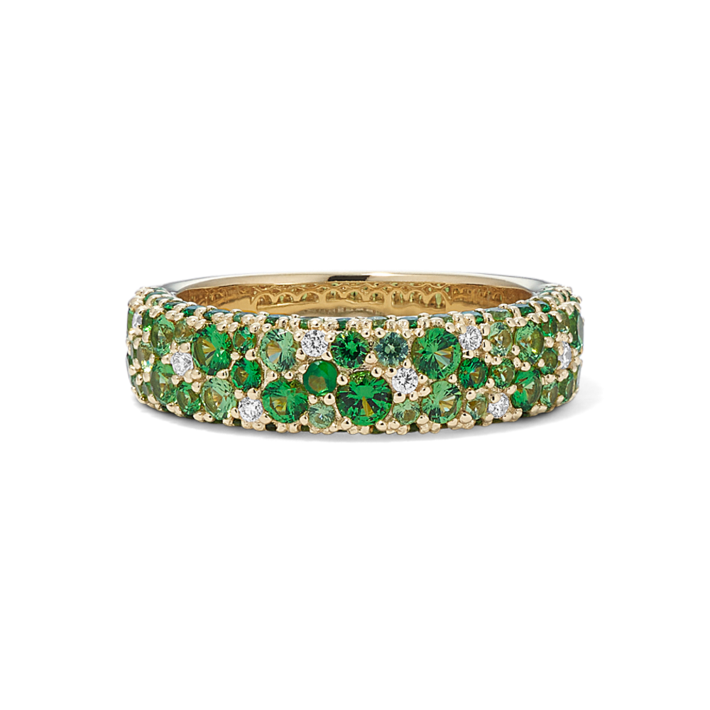 Mosaic Green Tsavorite and Diamond Ring in 14k Yellow Gold