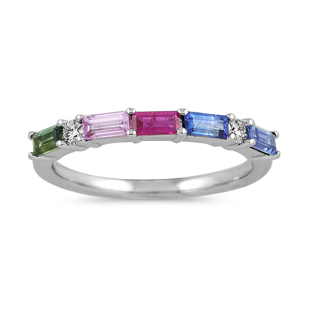 Multi-Colored Baguette Sapphire Ring in 14k White Gold