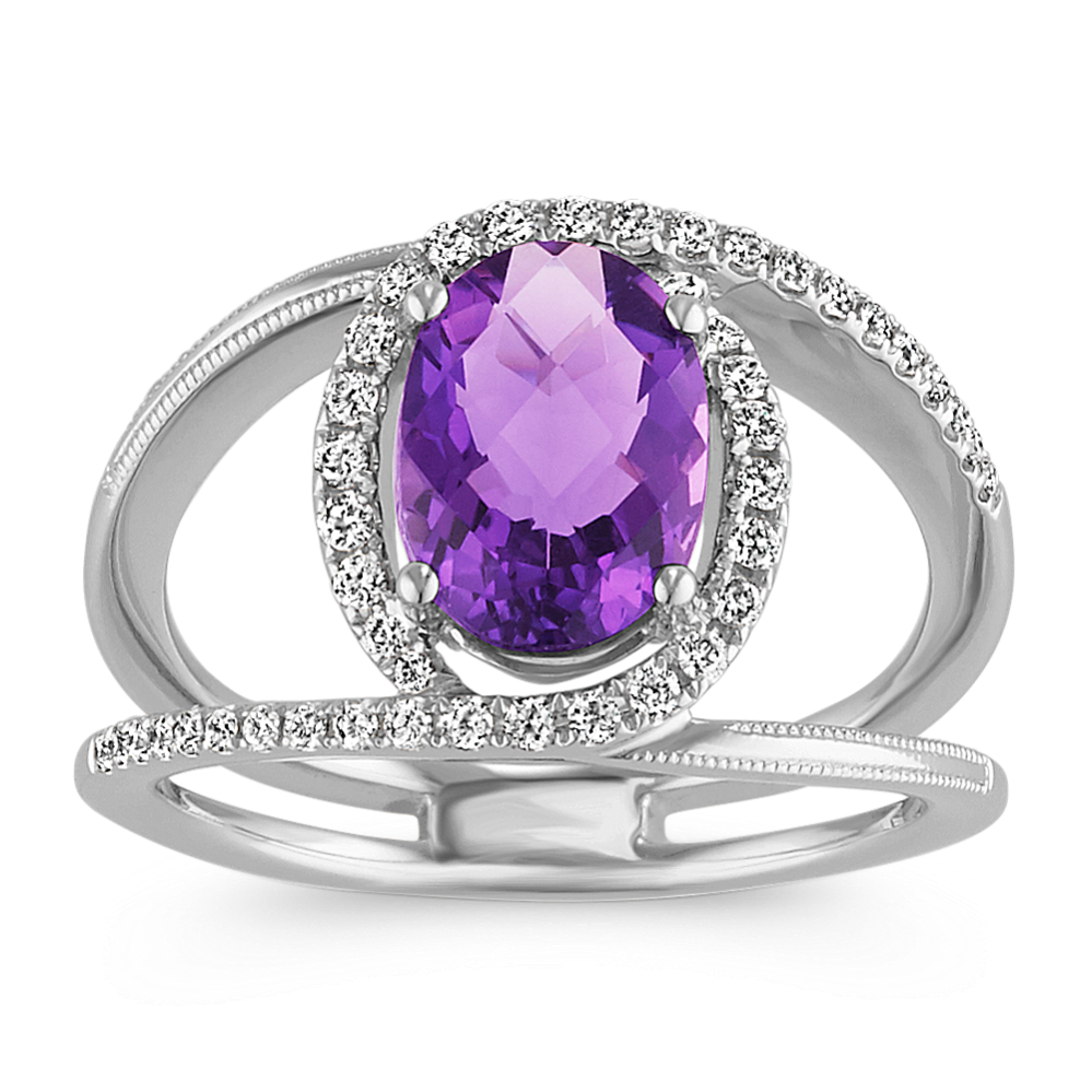 Oval Amethyst and Swirling Round Diamond Ring