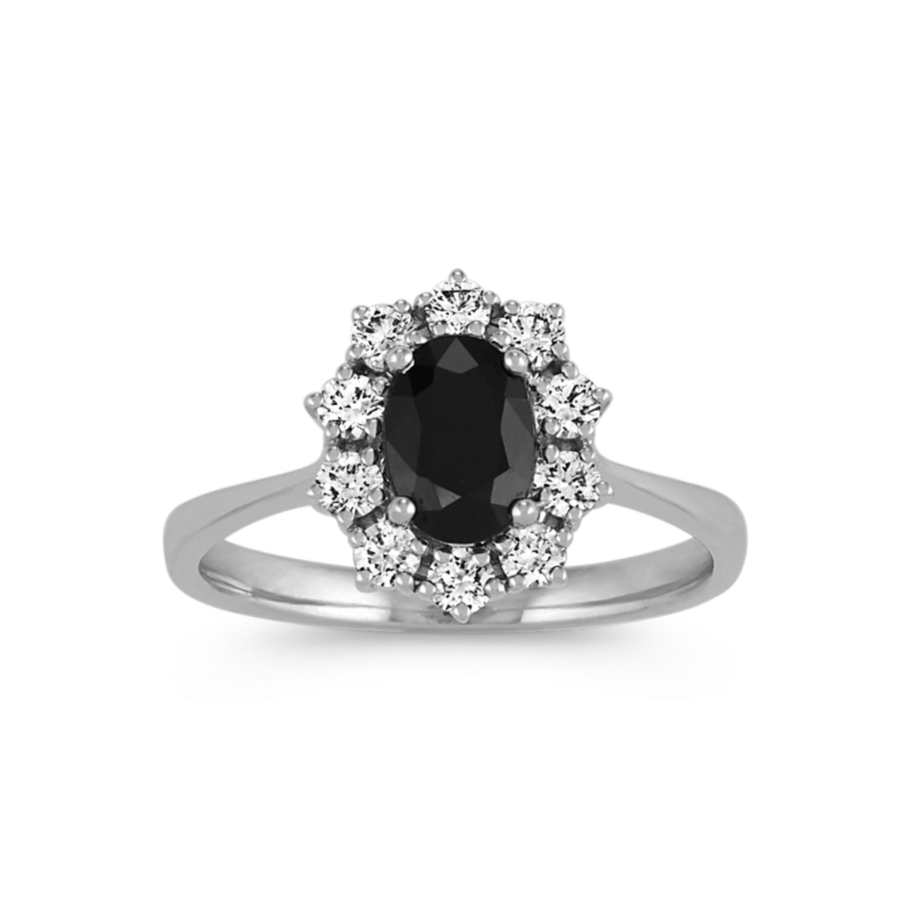 Oval Black Sapphire and Round Diamond Ring