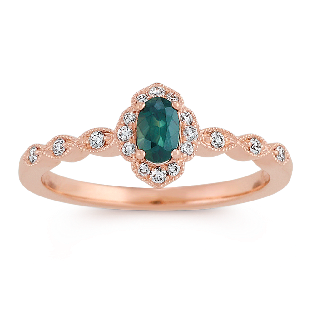 Oval Blue Green Sapphire and Diamond Vintage Ring