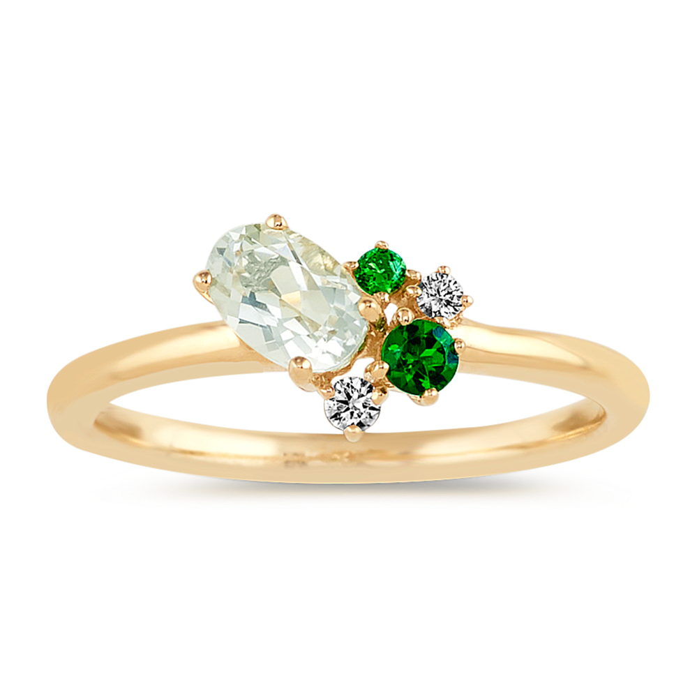 Oval Green Prasiolite, Tsavorite Garnet and Diamond Ring
