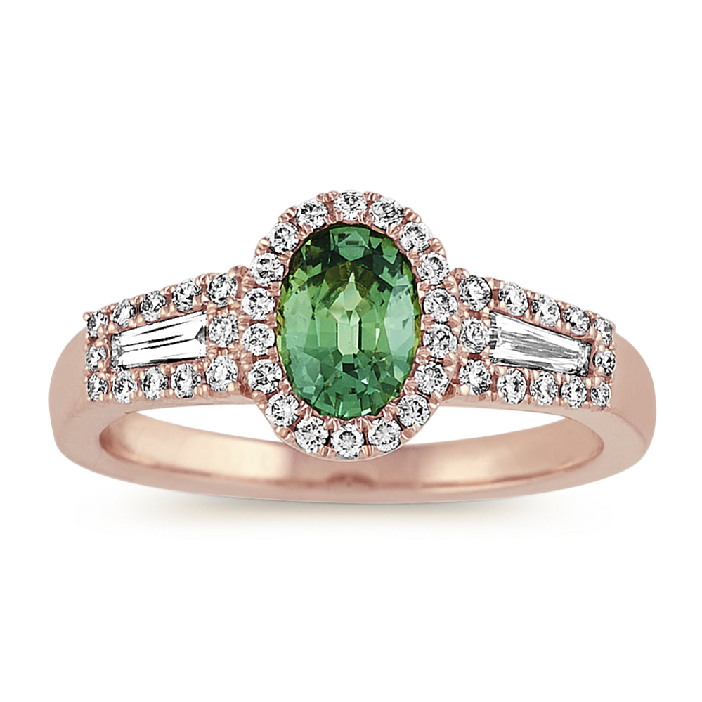 Oval Green Sapphire and Baguette Diamond Ring
