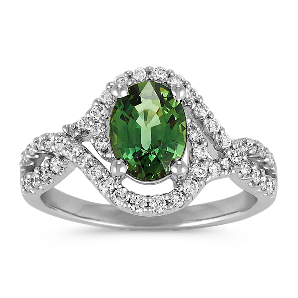 Oval Green Sapphire and Round Diamond Swirl Ring