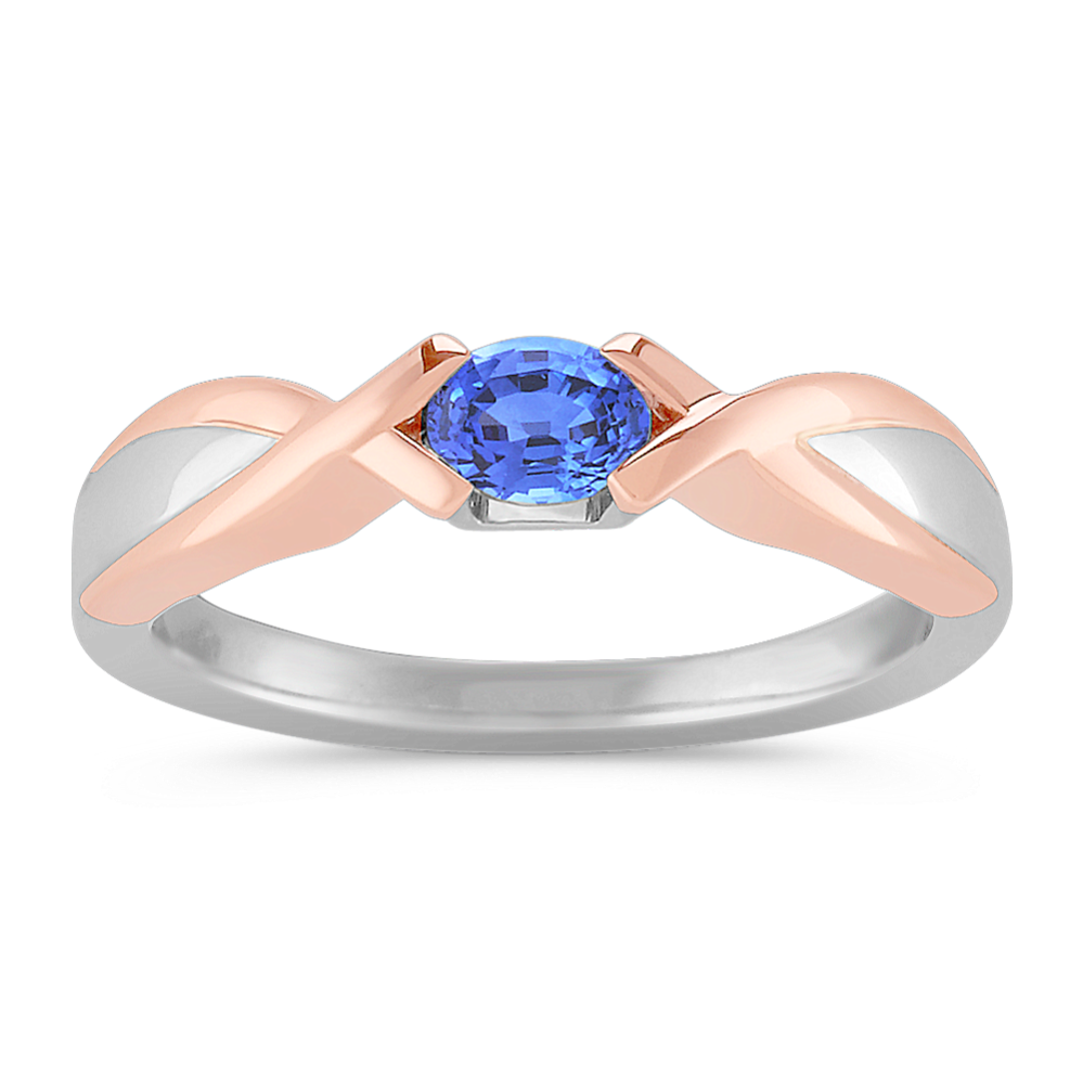 Oval Kentucky Blue Sapphire Ring in Sterling Silver and Rose Gold