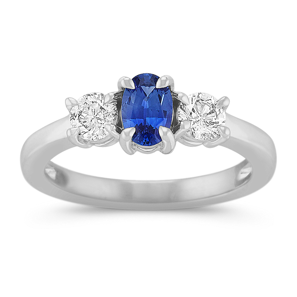 Oval Kentucky Blue Sapphire and Round Diamond Three-Stone Ring