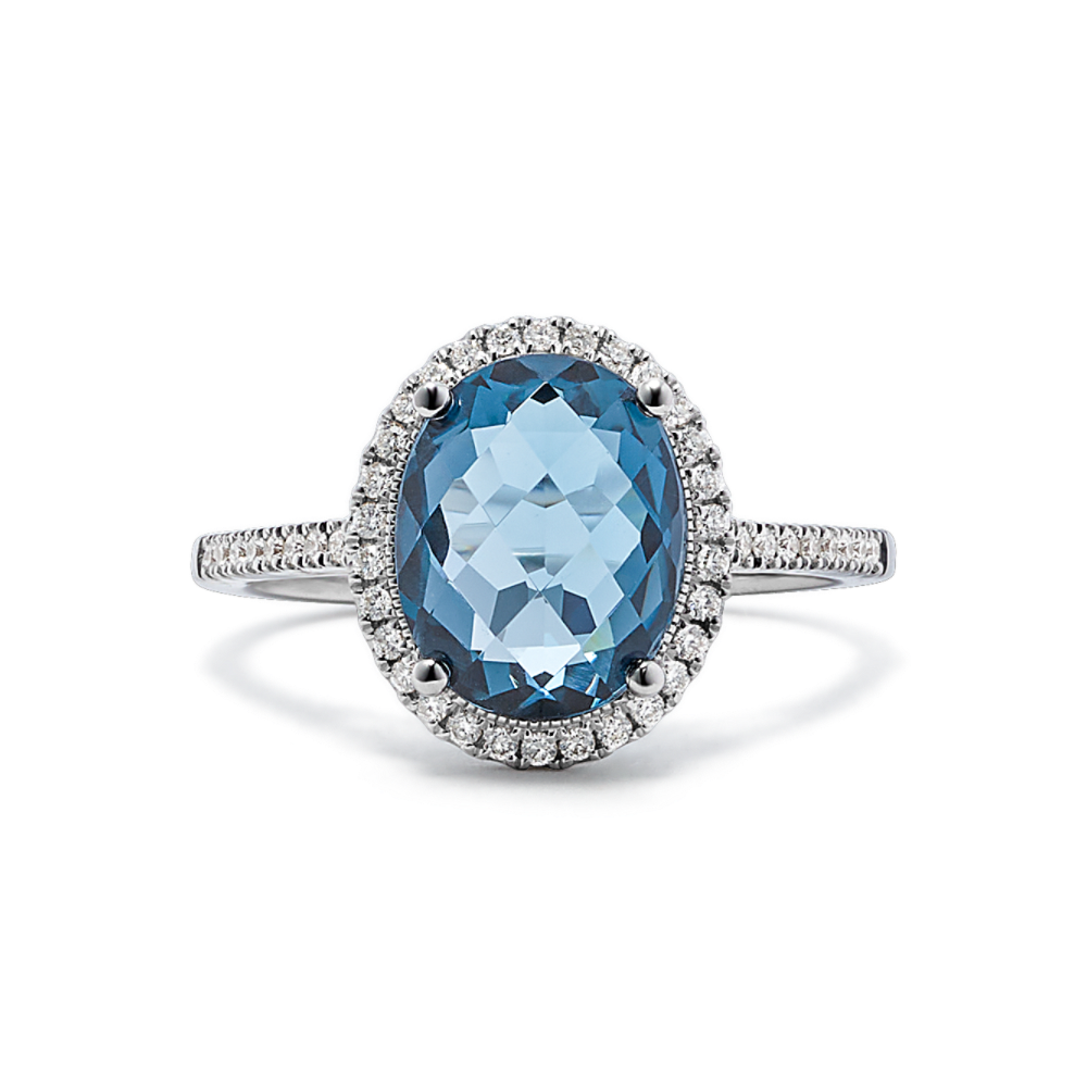 Monterey Natural London Blue Topaz and Natural Diamond Halo Ring in 14K White Gold