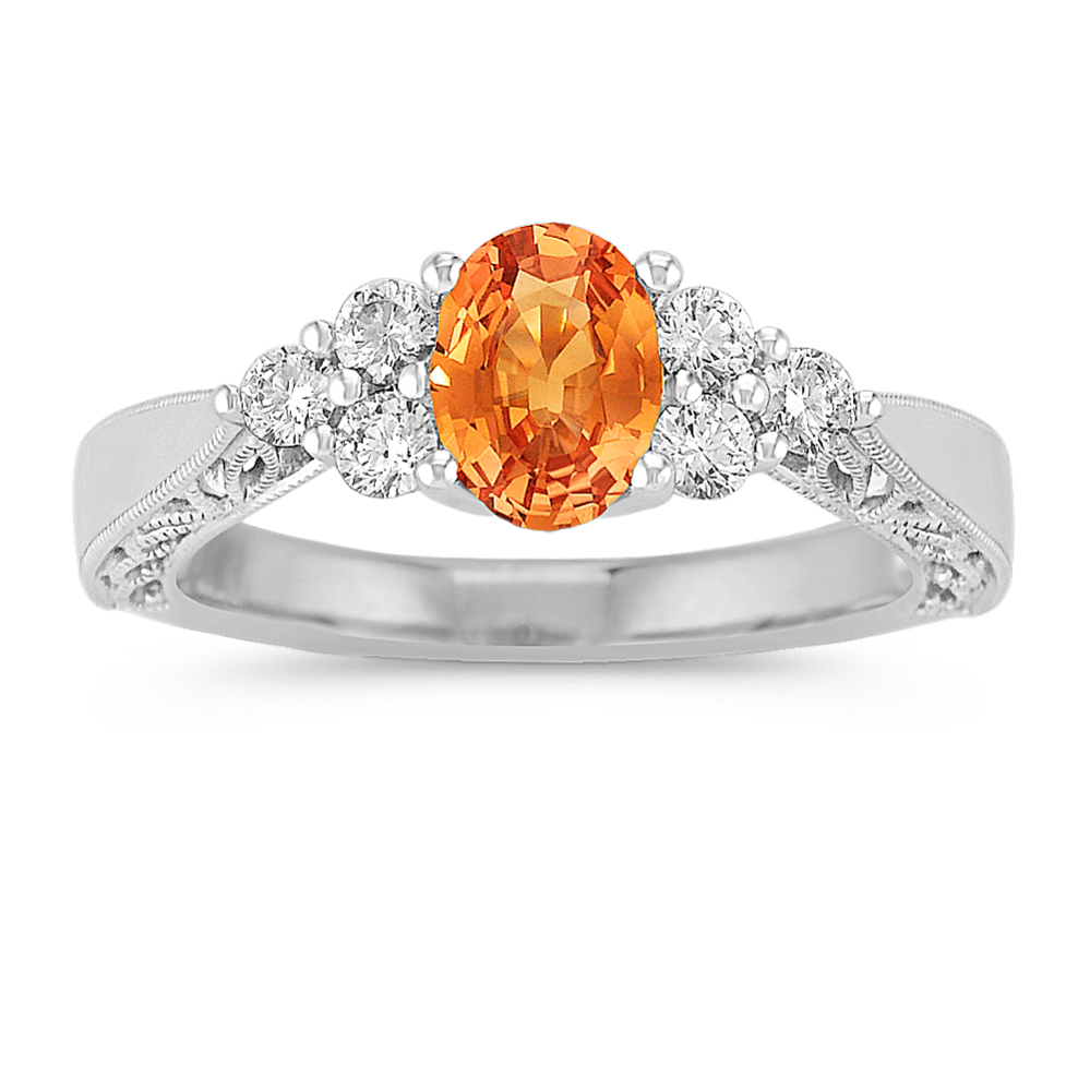 Oval Orange Sapphire and Round Diamond Ring