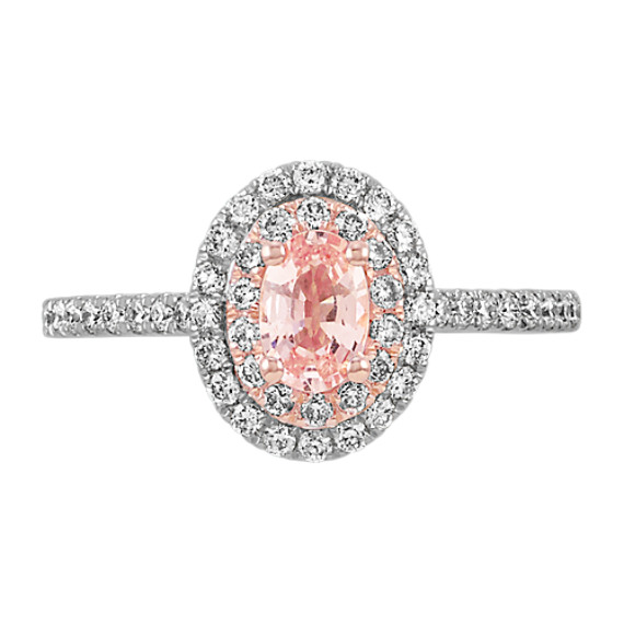Oval Peach Sapphire and Round Diamond Halo Engagement Ring | Shane Co.