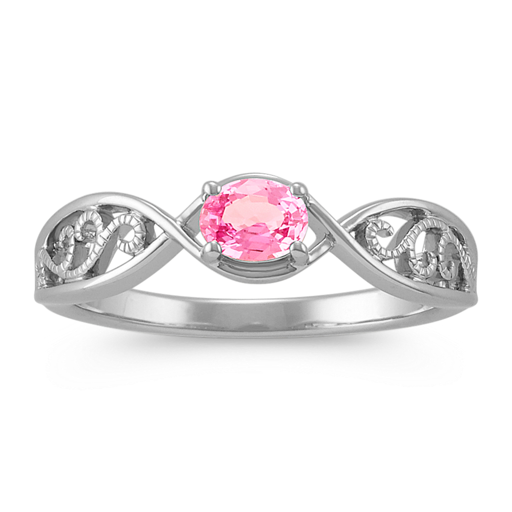 Oval Pink Sapphire Ring with Milgrain Detail in Sterling Silver