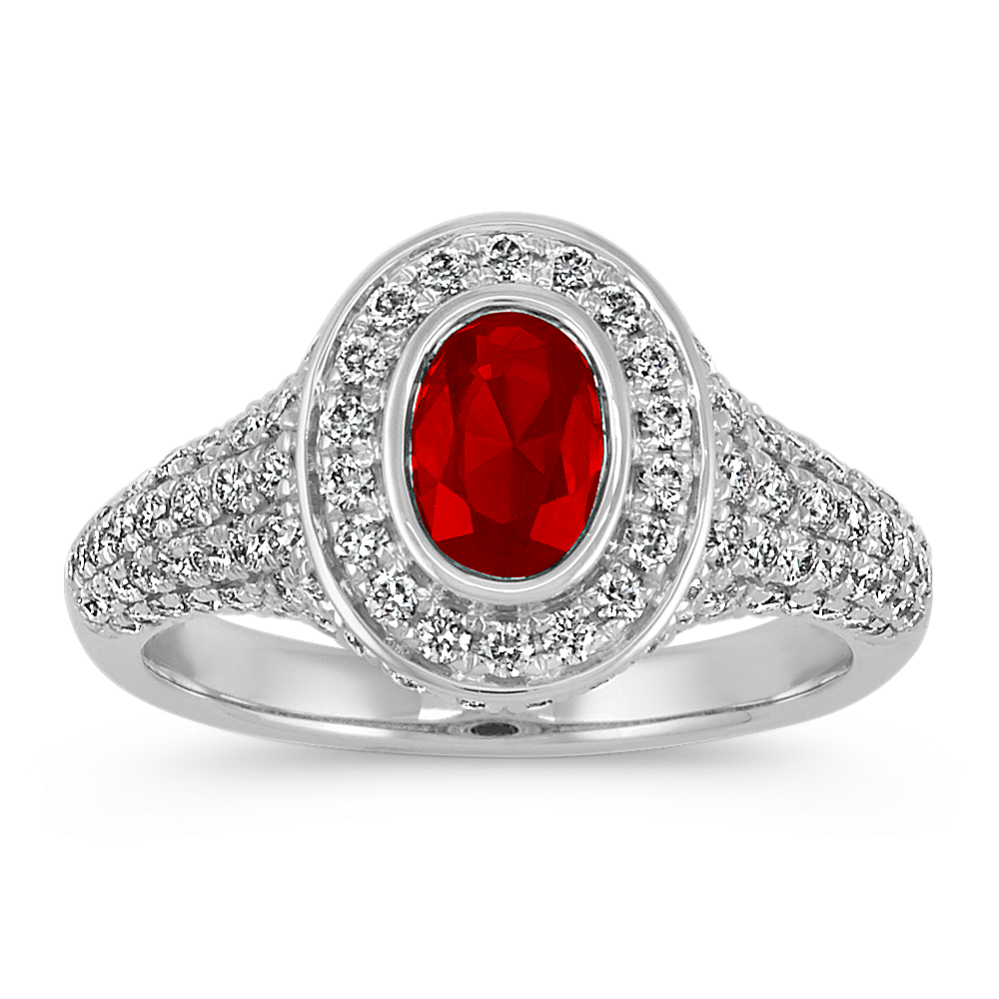 Oval Ruby and Round Diamond Halo Ring