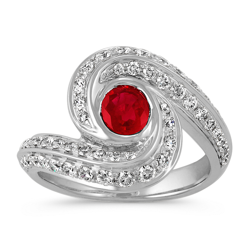Oval Ruby and Round Diamond Swirl Ring