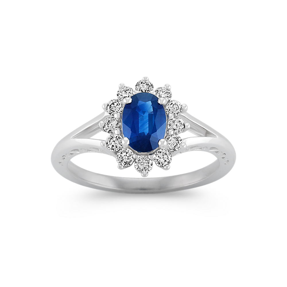 Honore Traditional Blue Natural Sapphire and Natural Diamond Ring in 14K White Gold