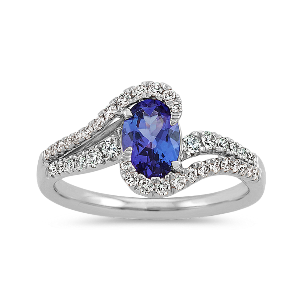 Oval Tanzanite and Diamond Swirl Ring in 14k White Gold