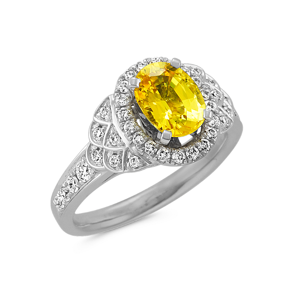 Oval Yellow Sapphire and Diamond Halo Ring in 14k White Gold | Shane Co.