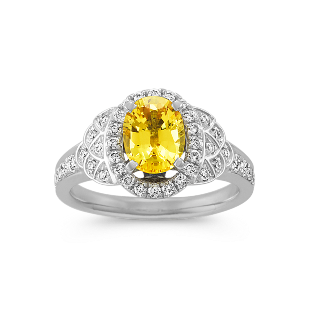 Oval Yellow Sapphire and Diamond Halo Ring in 14k White Gold