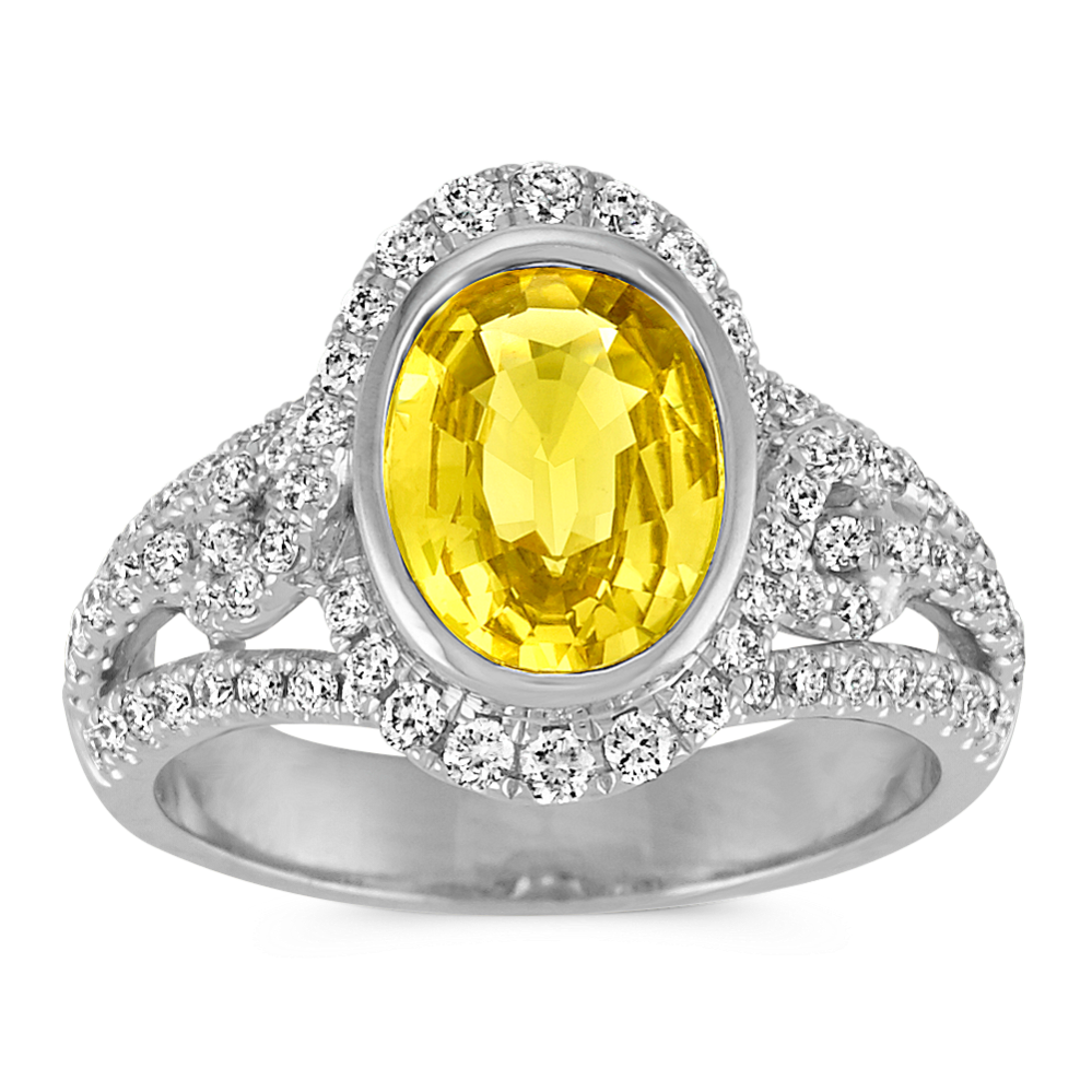 Oval Yellow Sapphire and Round Diamond Halo Ring with Pave Setting