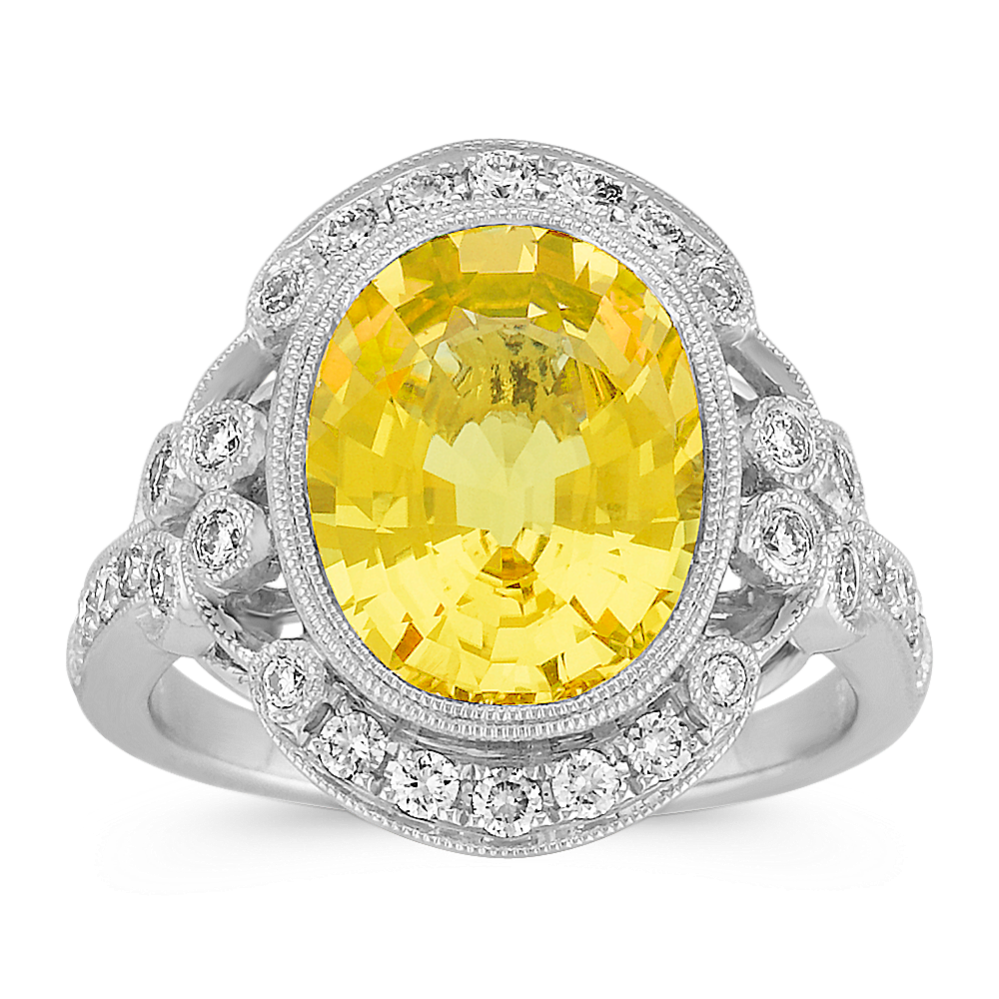 Oval Yellow Sapphire and Round Diamond Vintage Ring with Bezel-Setting